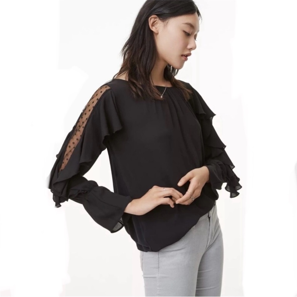 LOFT Elegant Black Ruffle Sleeve Top With Polka Dot Lace Detail. Size M